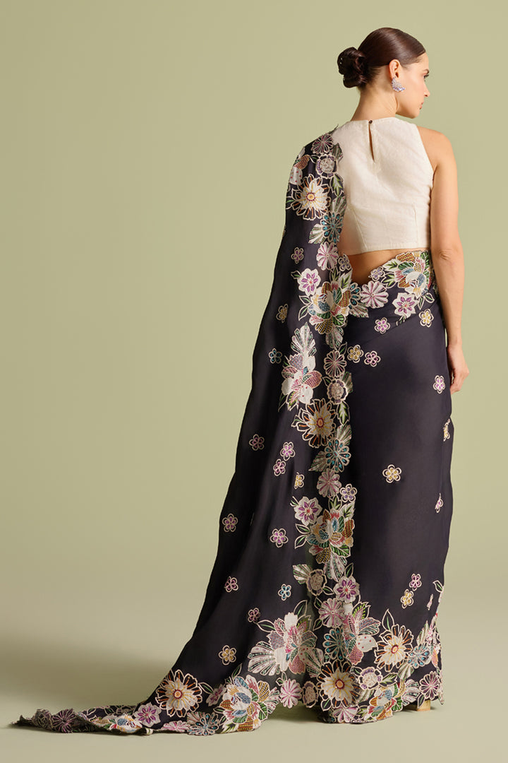Black Contrast Applique and Threadwork Saree