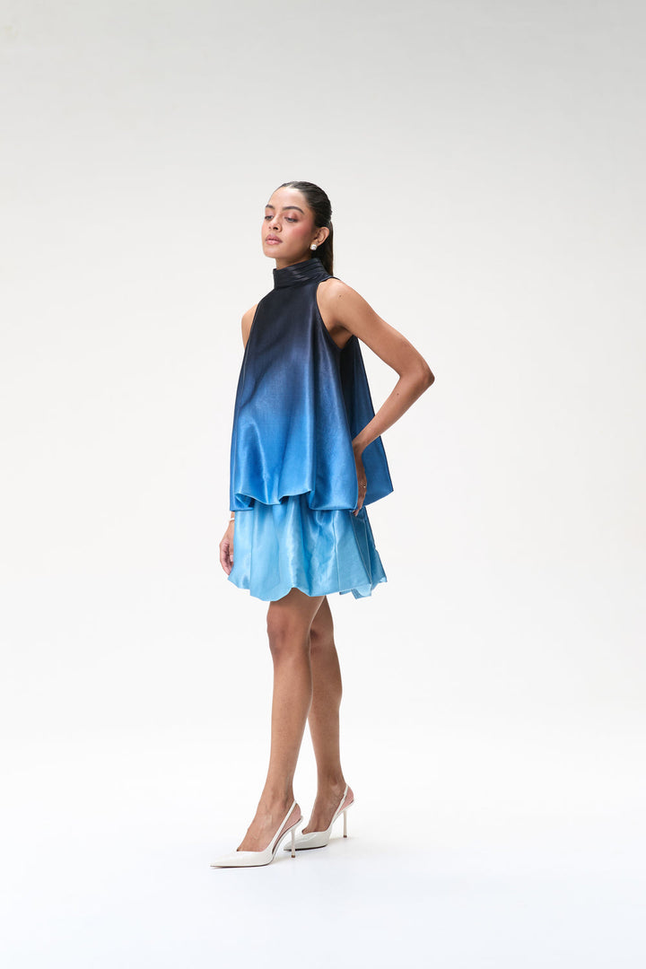 Midnight Blue Ombré Bubble Hem Halter Top & Blue Ombré Mini Bubble Skirt