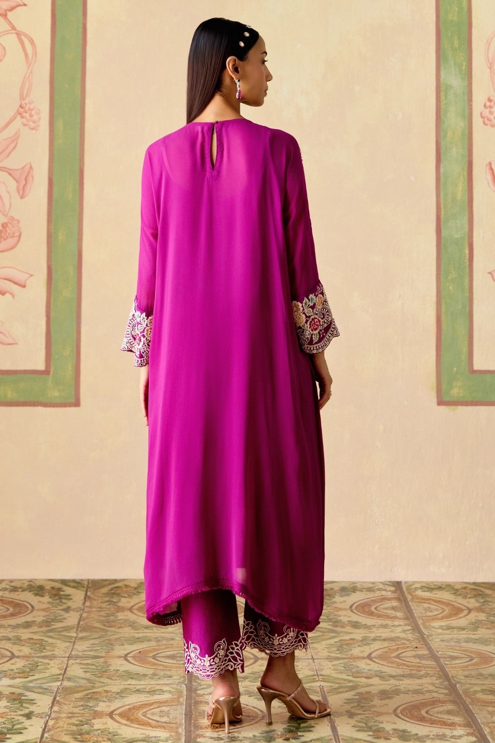 Purple contrast embroidered kimono kurta with narrow pants