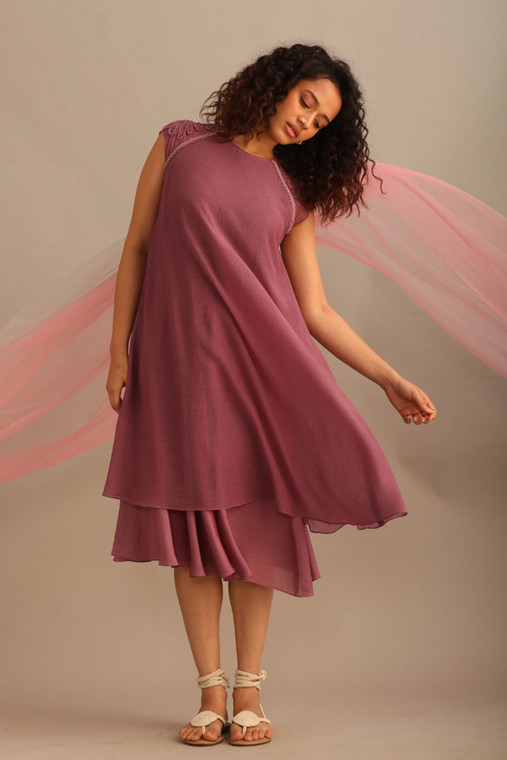 Lavender cap sleeved, knee length double layer dress