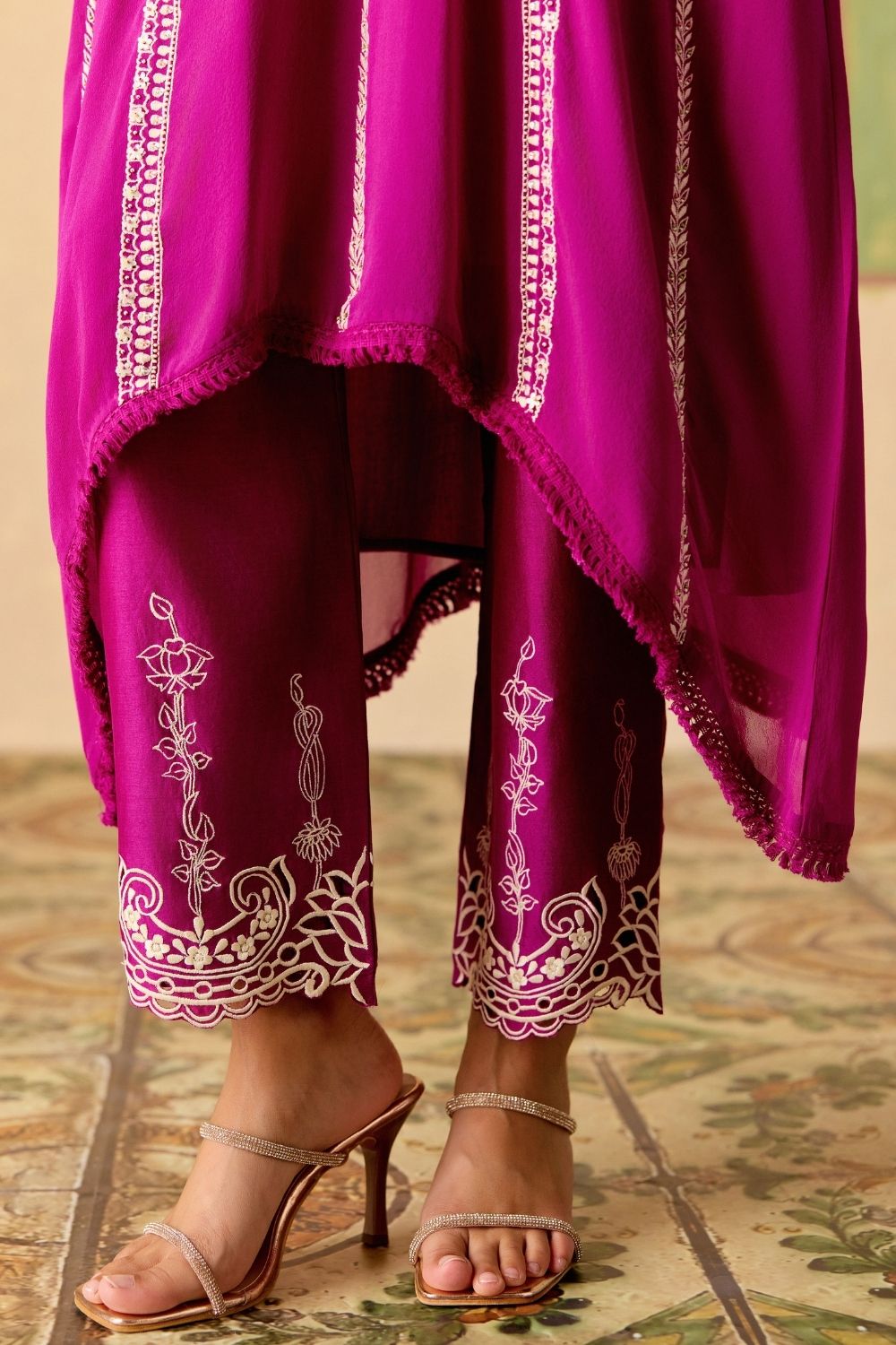 Purple contrast embroidered kimono kurta with narrow pants