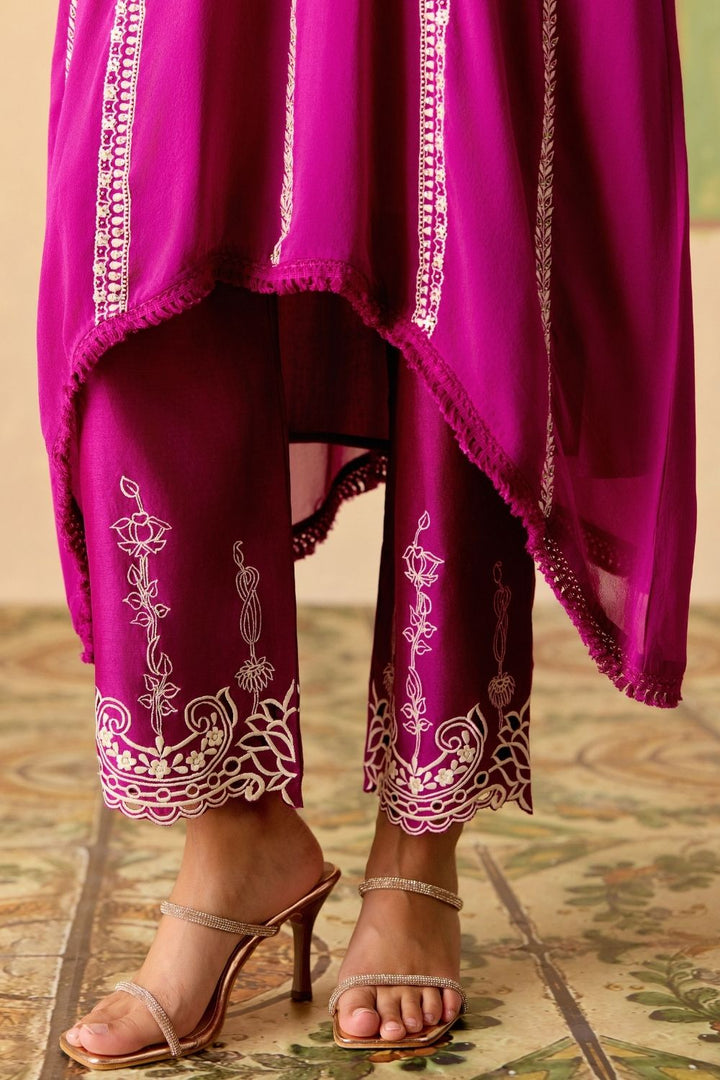 Purple contrast embroidered kimono kurta with narrow pants