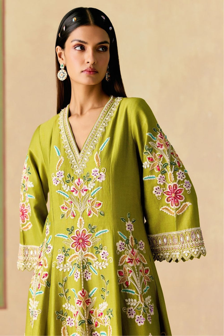 Olive contrast cordwork flared short kurta with bell bottom pants