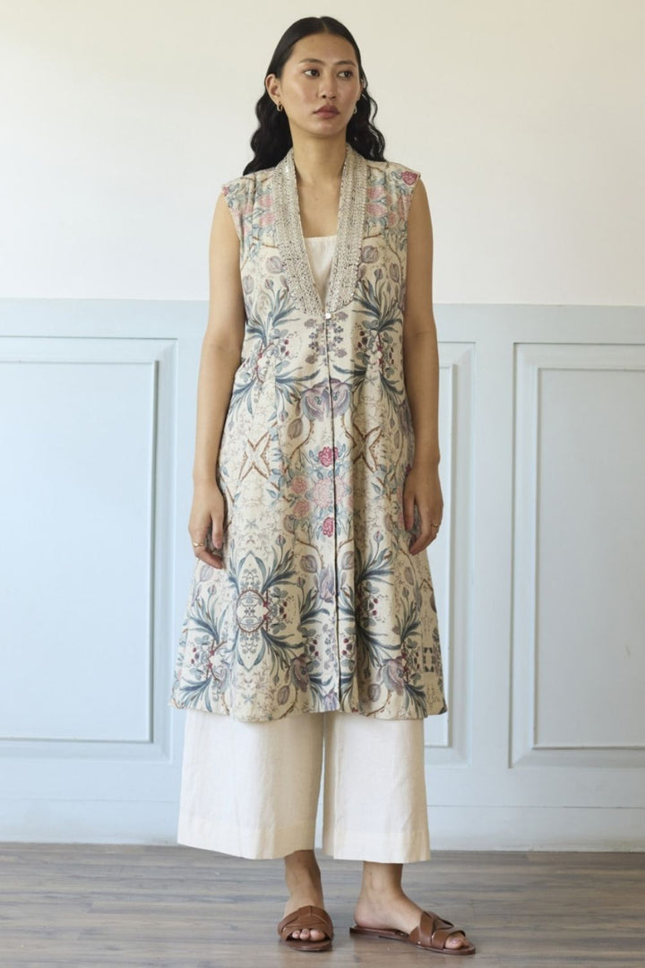 White & Green Overlay/ Jacket With Pants Set