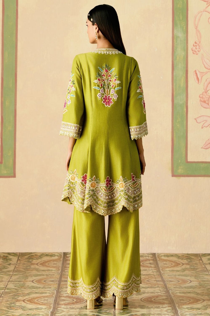 Olive contrast cordwork flared short kurta with bell bottom pants