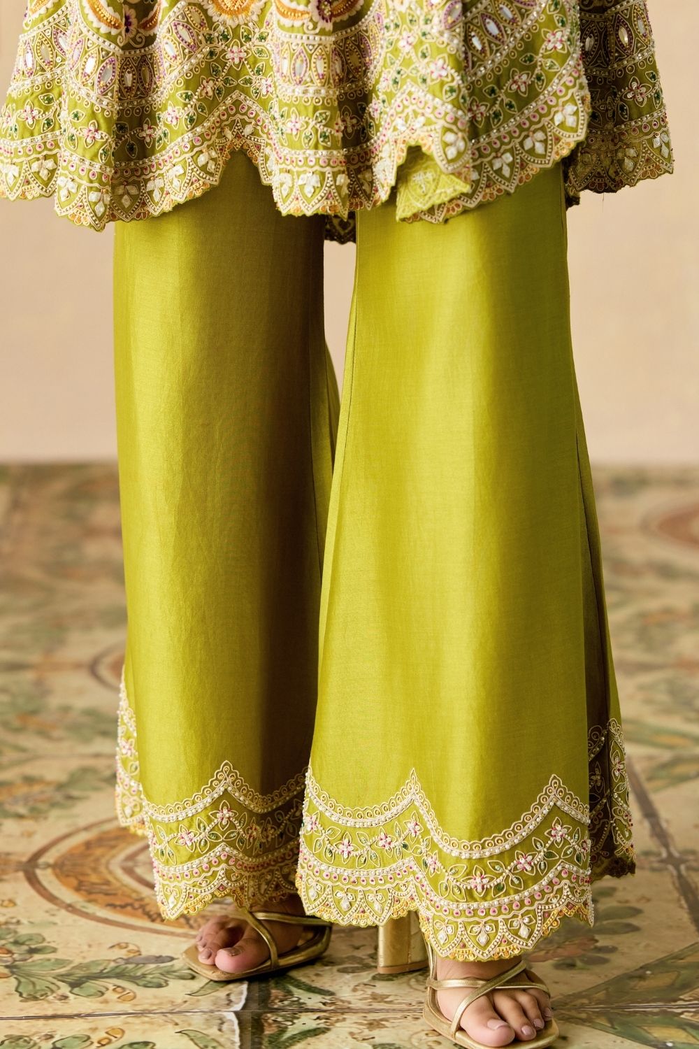 Olive contrast cordwork flared short kurta with bell bottom pants