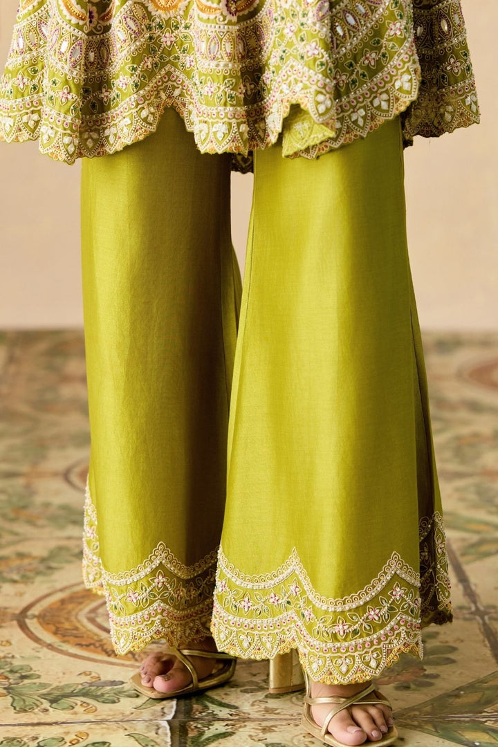 Olive contrast cordwork flared short kurta with bell bottom pants