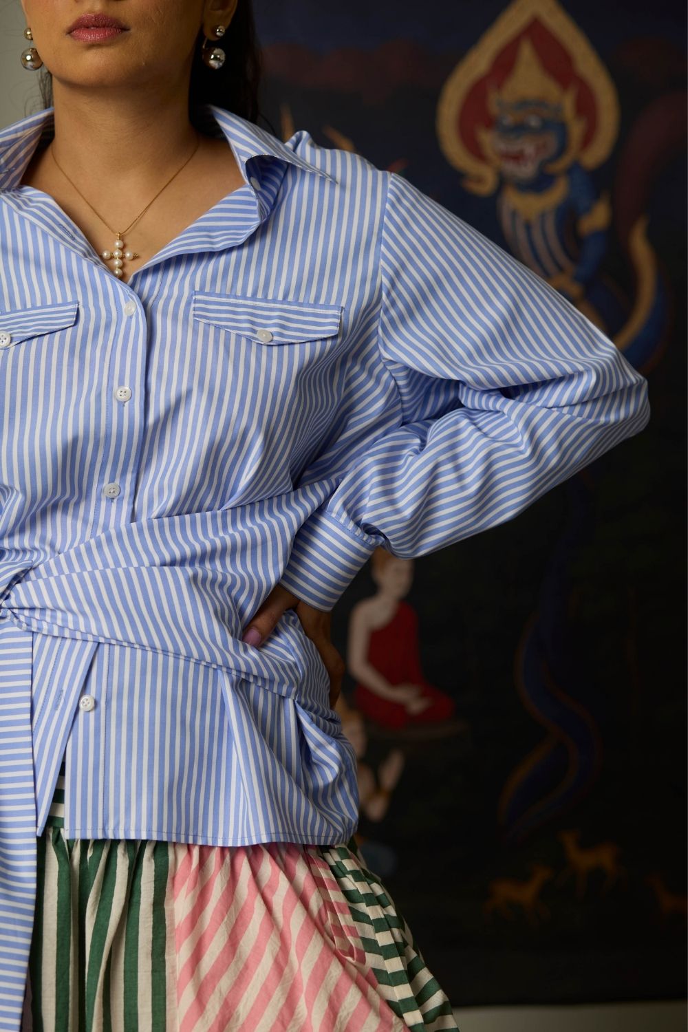 Four Sleeves Cropped Shirt in Stripes