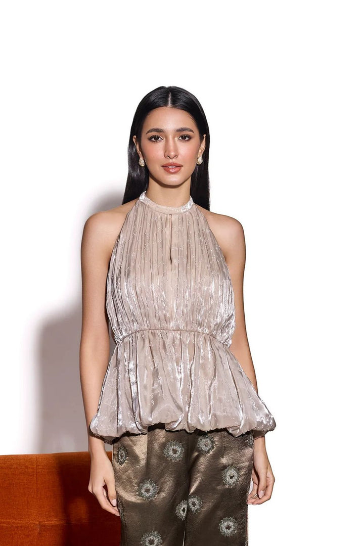 Ivory Glass Organza Embroidered Bubble Hem Top