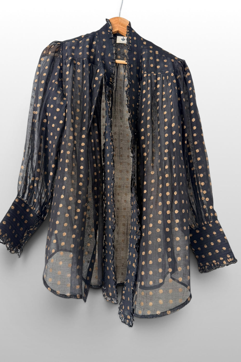 Victorian Gold printed Frill Shirt with a Tie - Black Cotton Silk Sheer Blouse