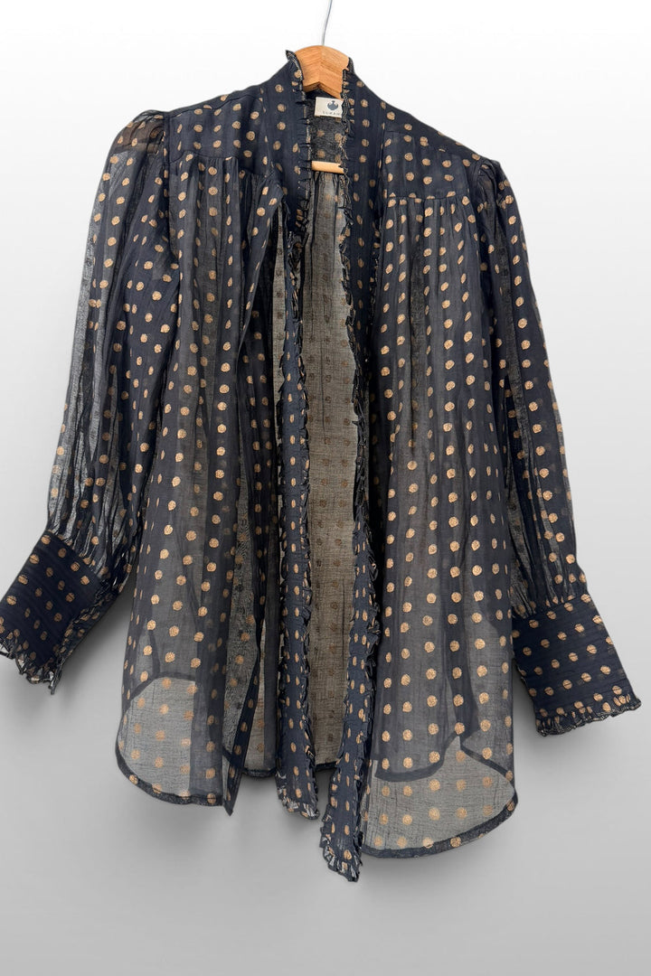Victorian Gold printed Frill Shirt with a Tie - Black Cotton Silk Sheer Blouse