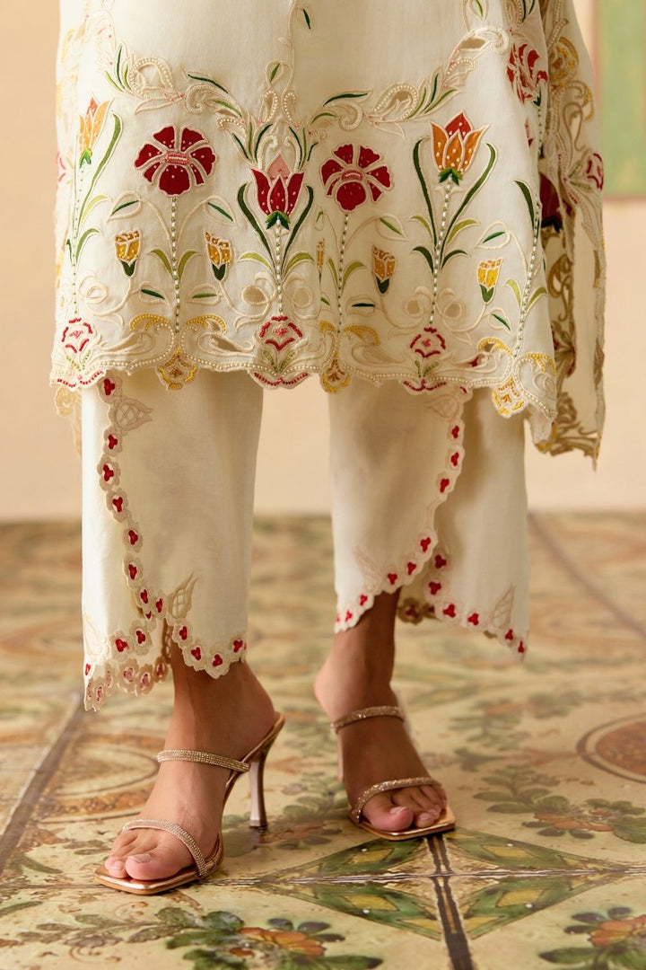 Ivory embroidered tulip pants