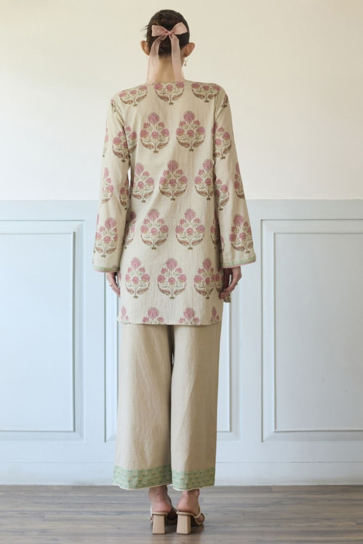 Grey & Green Short Kurta With Pants Set