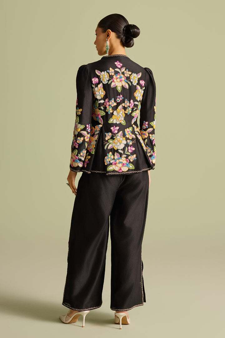 Black Cordwork and Beadwork Pleated Peplum Jacket