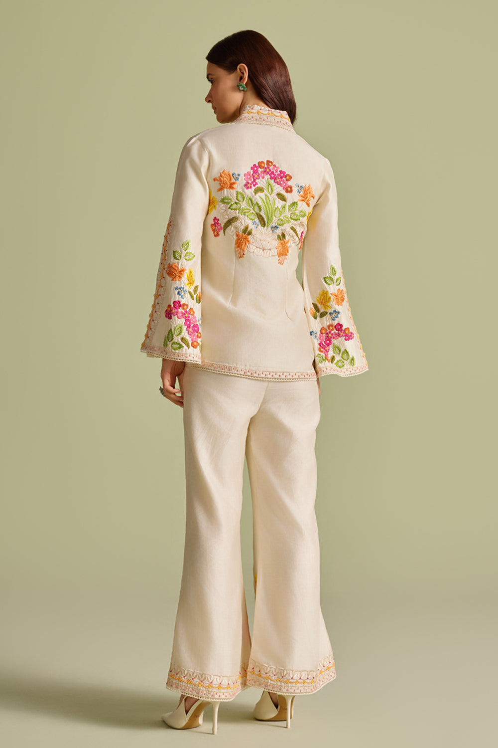 Ivory Floral Threadwork and Beadwork Flared Jacket