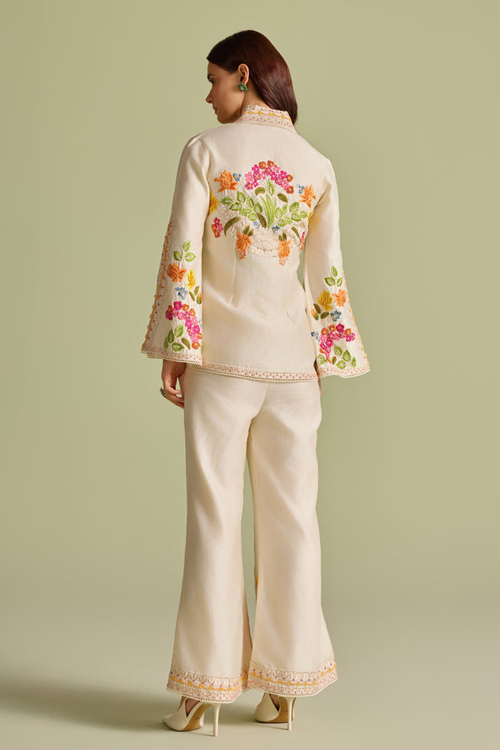 Ivory Floral Threadwork and Beadwork Flared Jacket