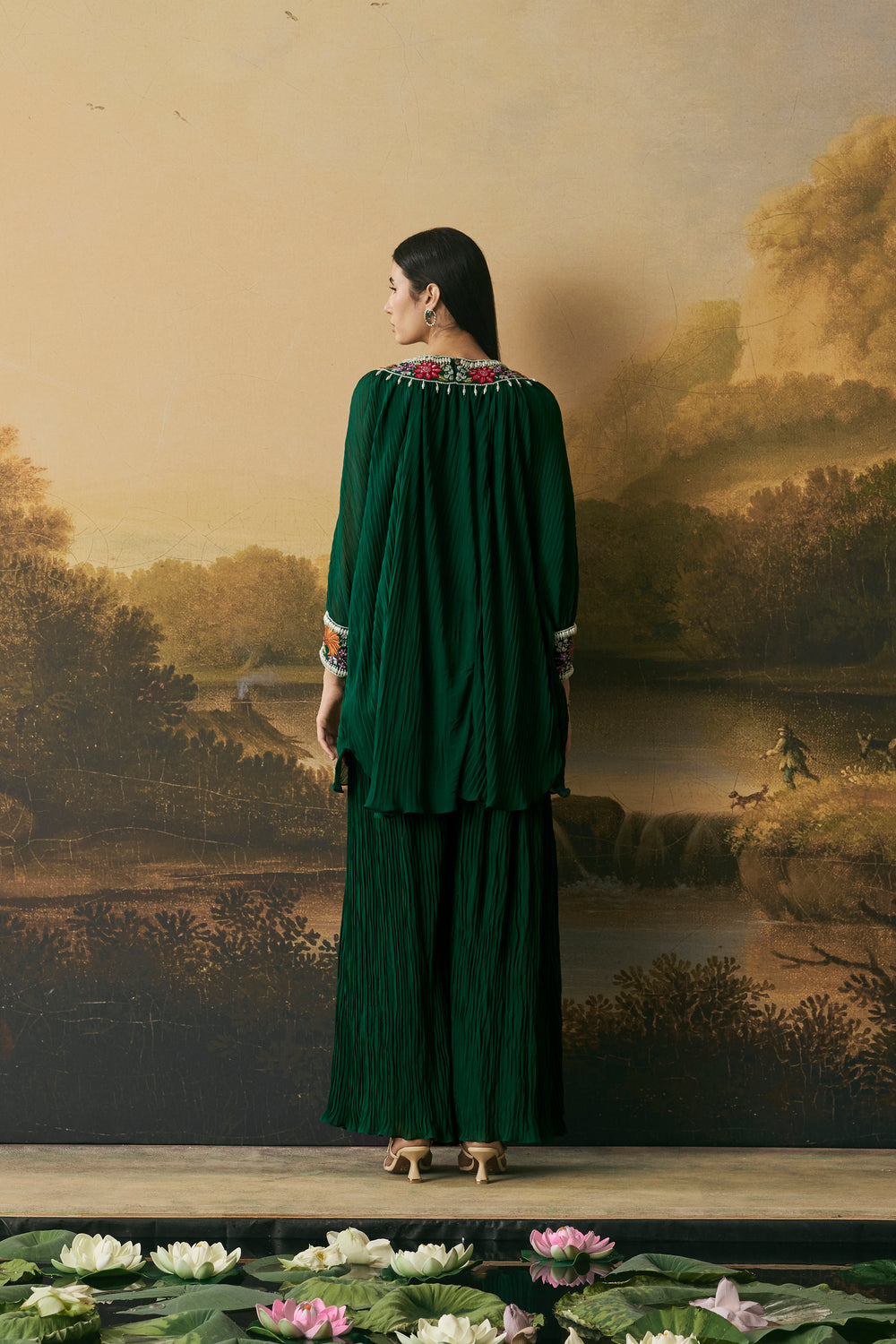Emerald Green Floral Textured Kimono Tunic With Pants