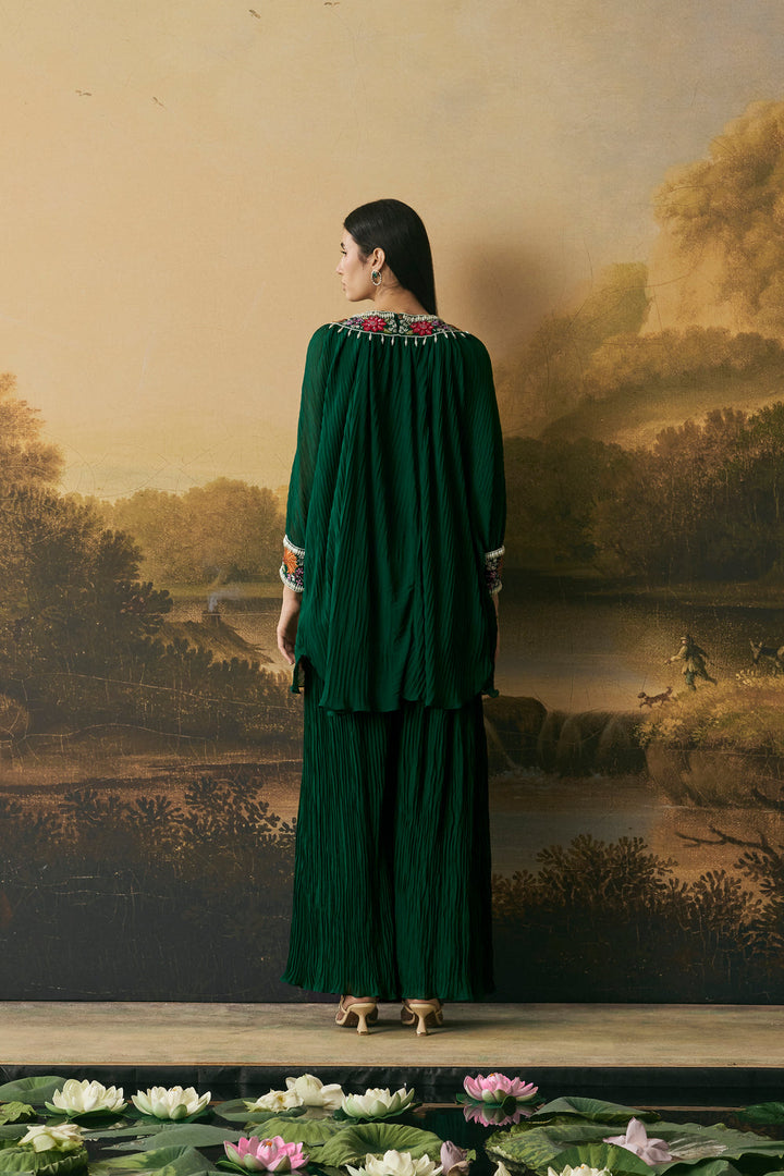 Emerald Green Floral Textured Kimono Tunic With Pants