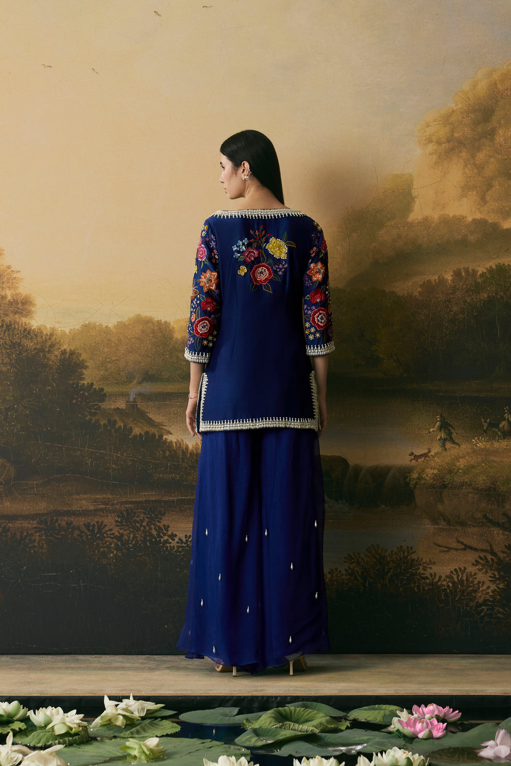 Cobalt Blue Floral Bloom Short Kurta With Sharara