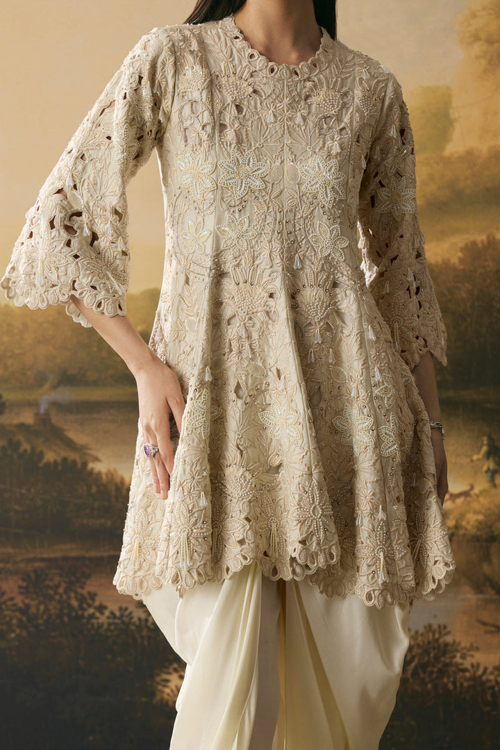 Ivory Cutwork Short Flared Kurta With Cowl Tulip Pants