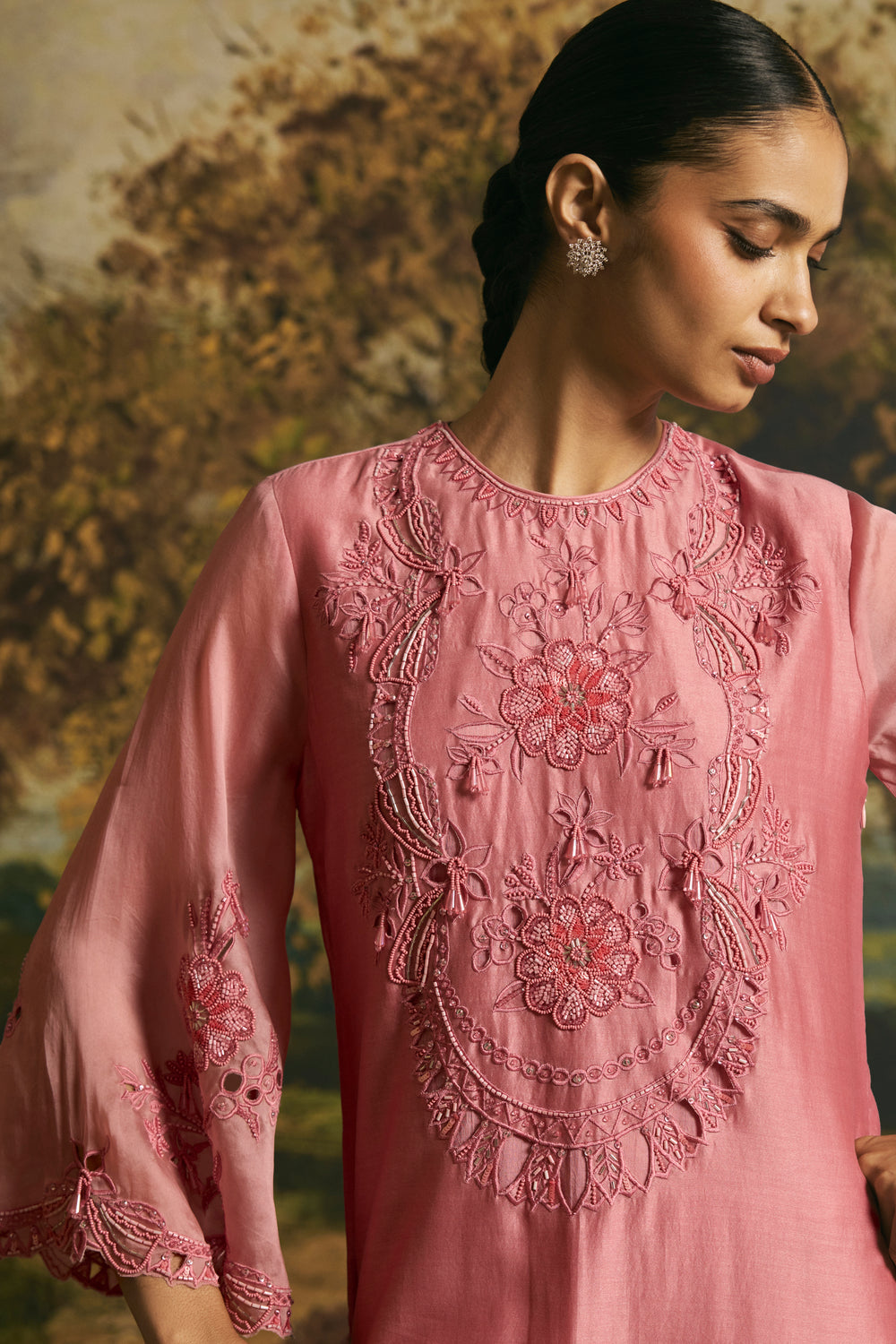 Pink Cutwork And Beadwork Kurta With Narrow Pants