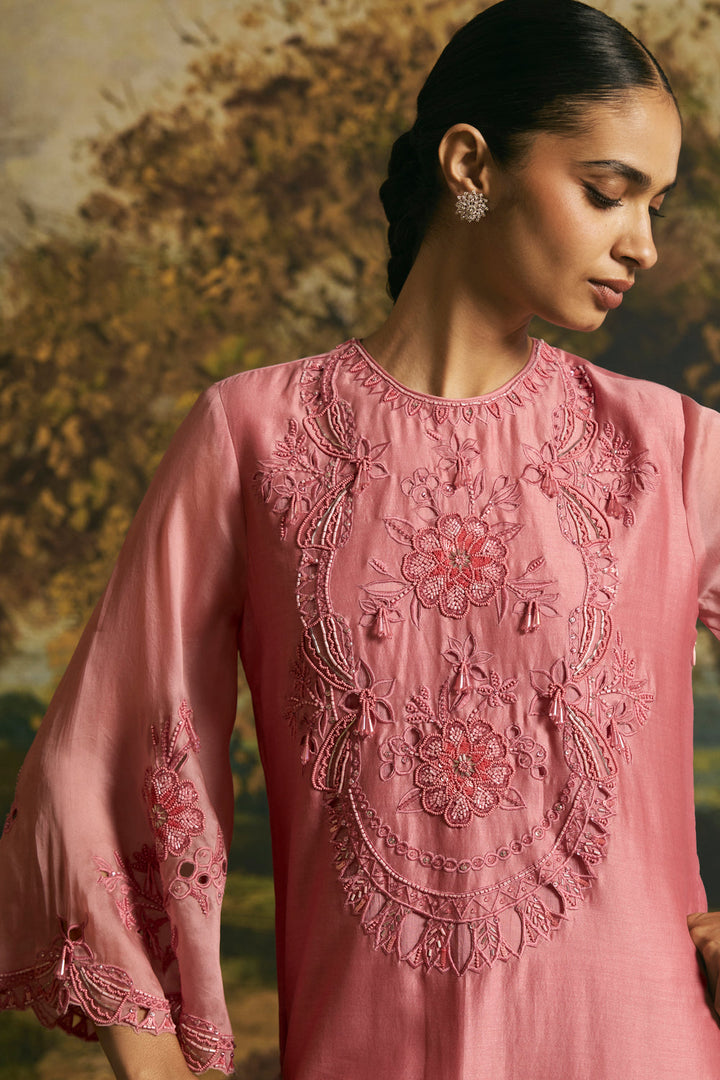 Pink Cutwork And Beadwork Kurta With Narrow Pants