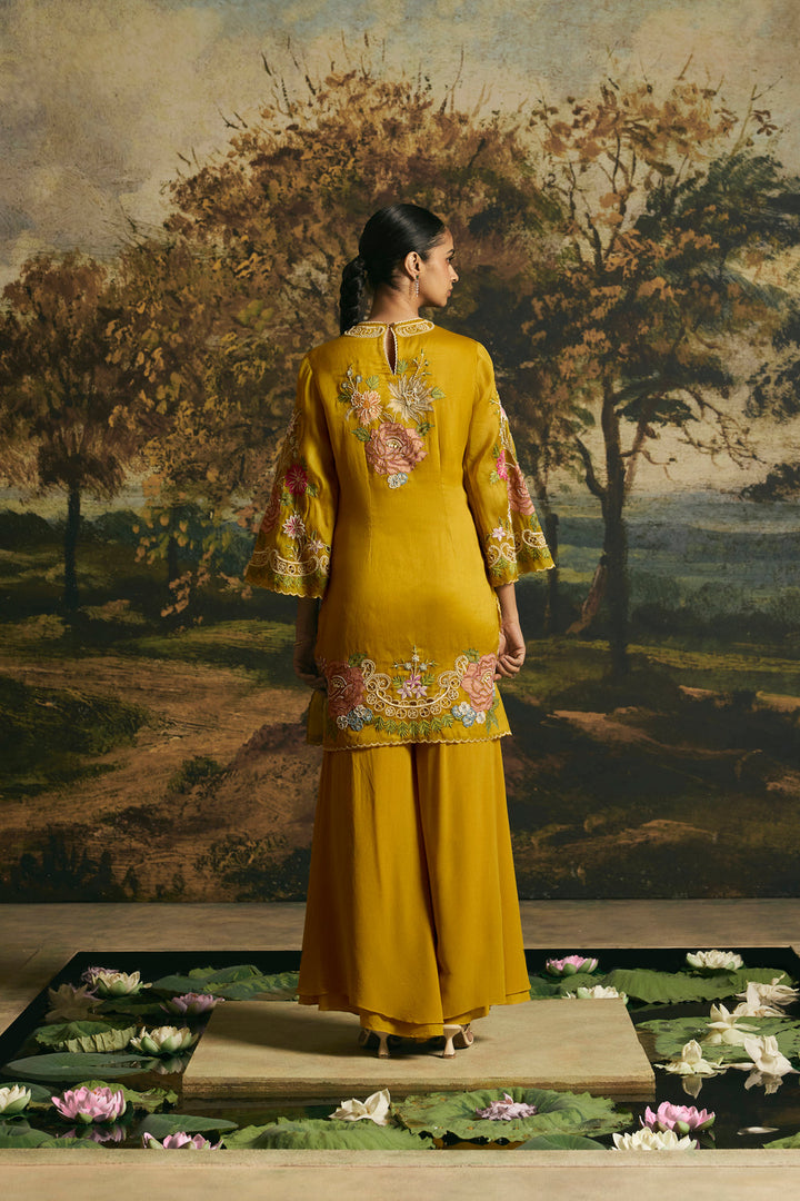 Amber Yellow Floral Medley Short Kurta With Sharara