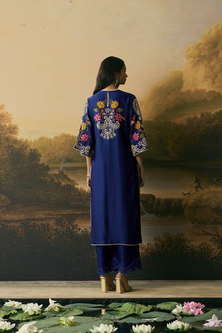 Cobalt Blue Multicoloured Floral Kurta With Pants