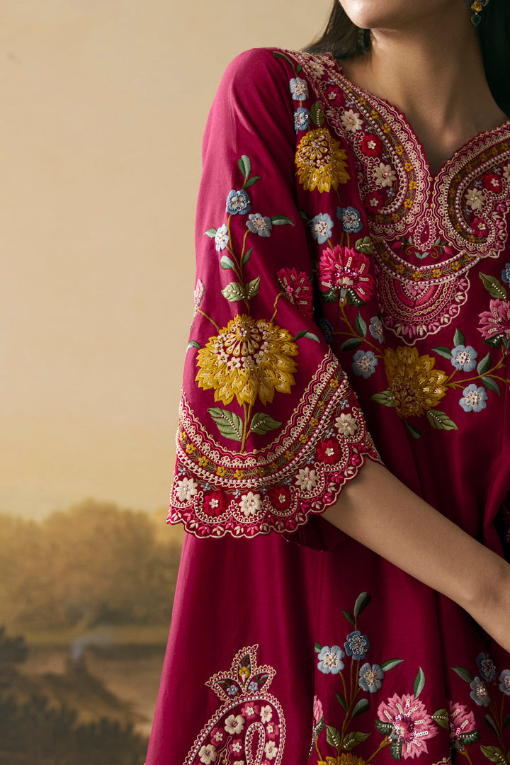 Cherry Red Contrast Cordwork Flared Short Kurta With Tulip Pants