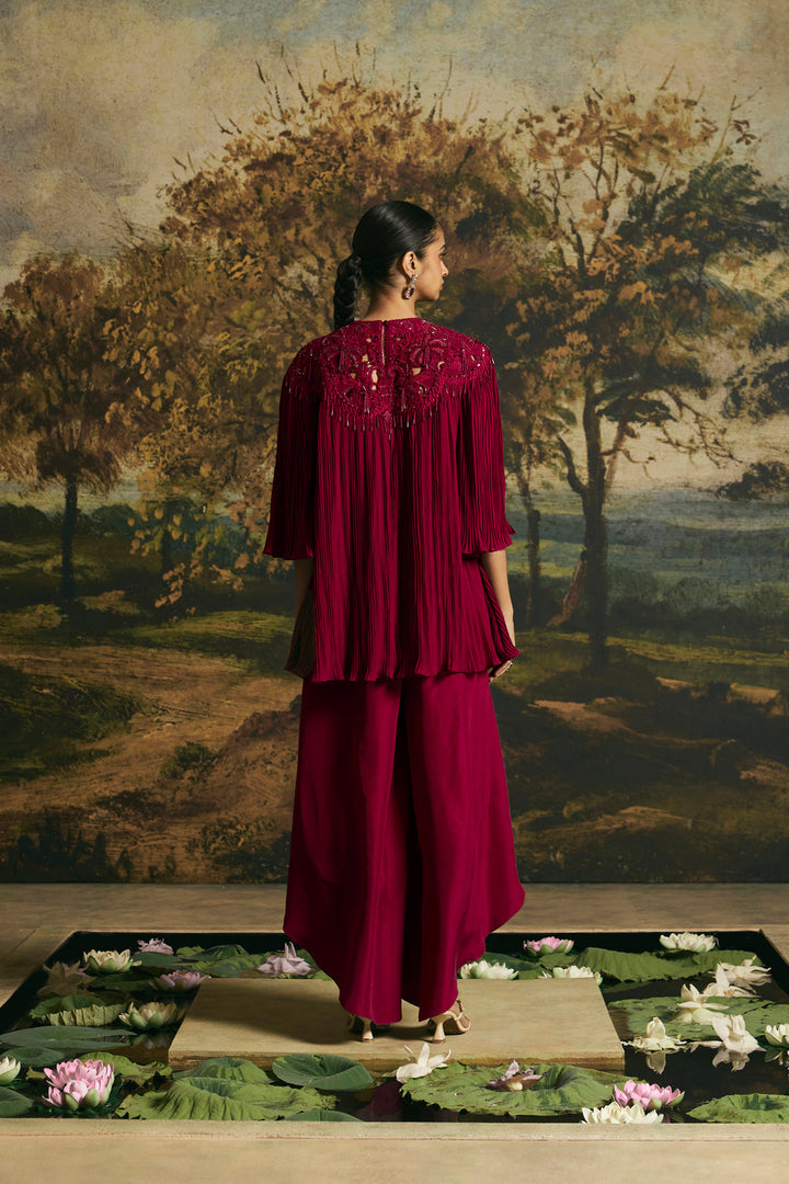Cherry Red Cutwork Textured Tunic With Tulip Pants
