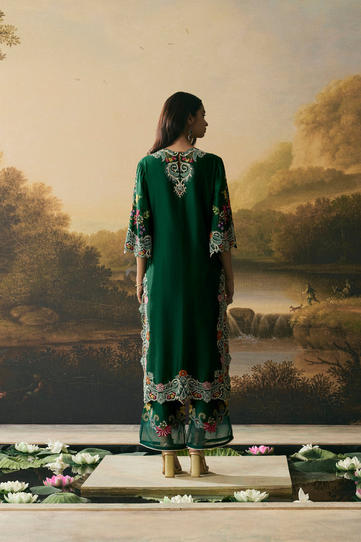 Emerald Green Contrast Floral Cordwork Kurta With Pants