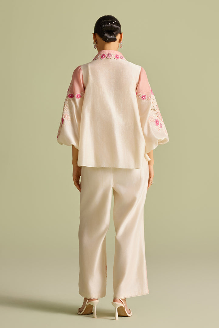 Ivory & Pink Panelled Applique Shirt