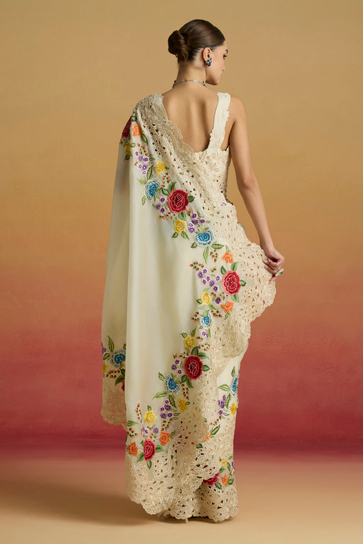 Ivory Cutwork and Floral Threadwork Saree