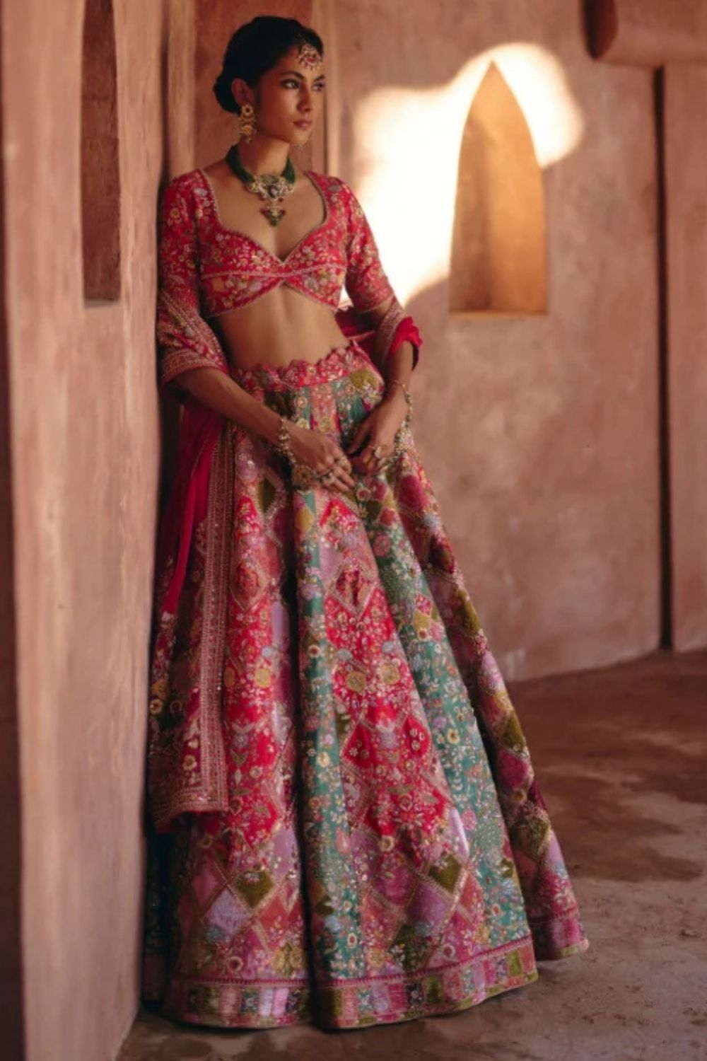 Velvet Patchwork Multi-Coloured Lehenga Set