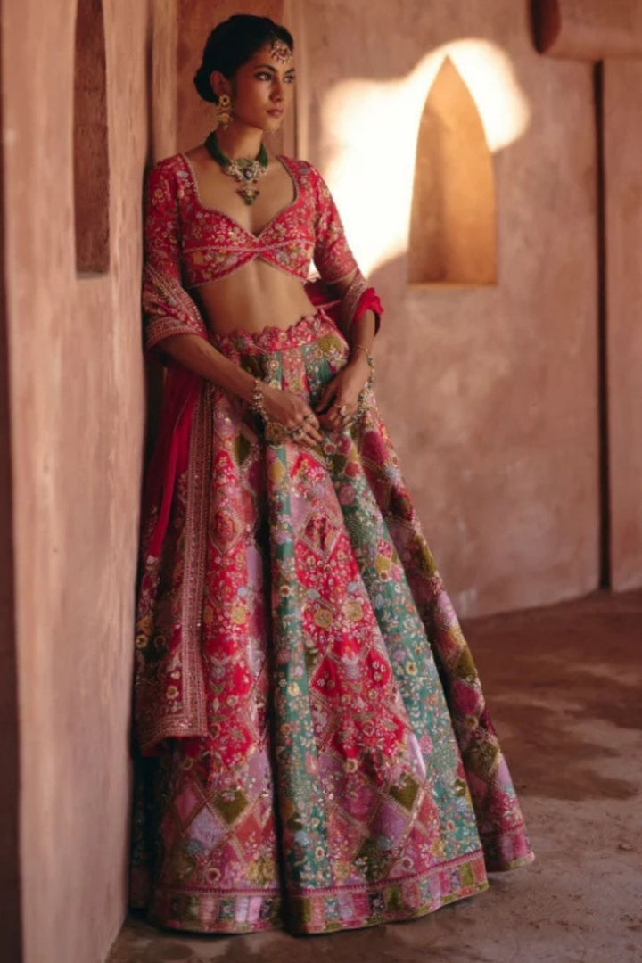 Velvet Patchwork Multi-Coloured Lehenga Set