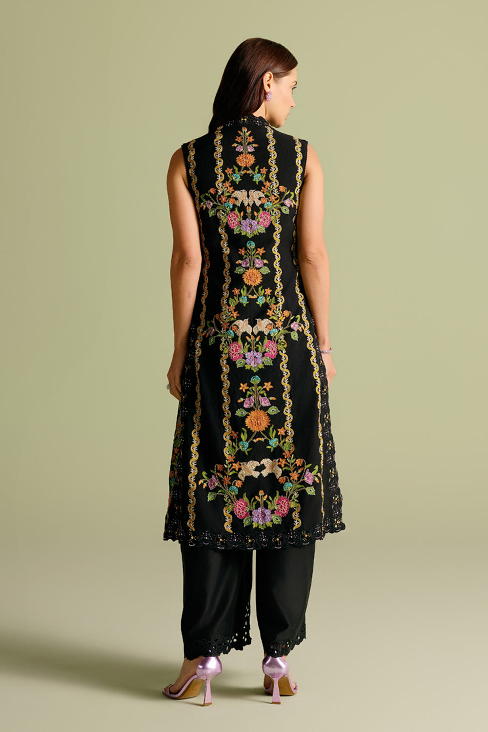 Black Floral Embroidered Long Jacket