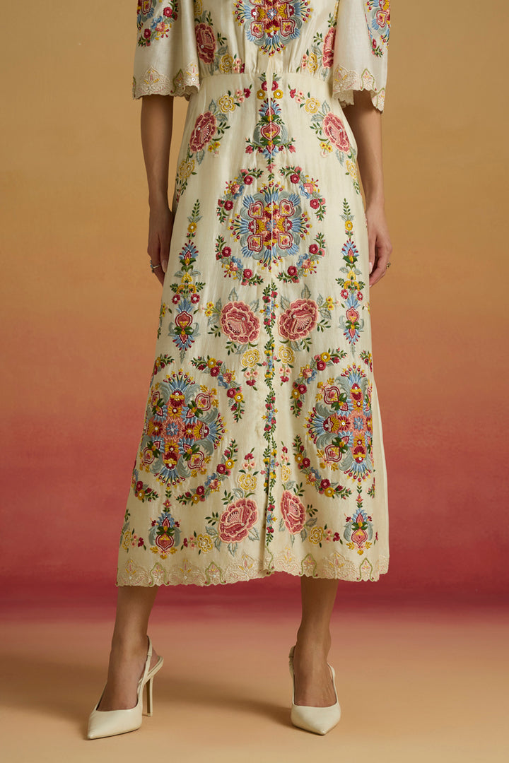 Ivory Floral Threadwork Shirt Dress