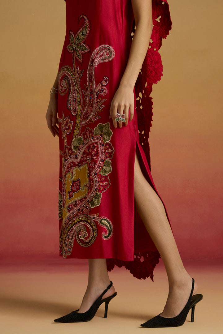 Red Drape Detail Straight Dress