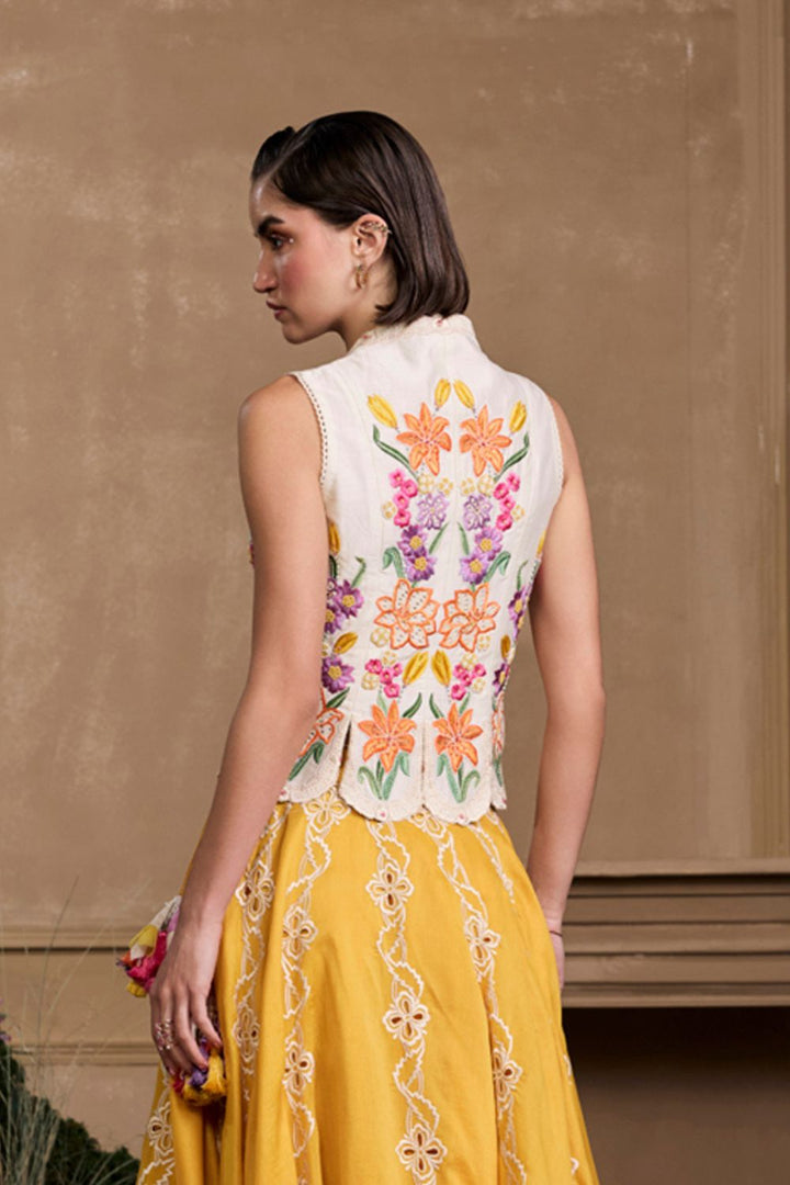 Ivory Floral Embroidered Panelled Waistcoat