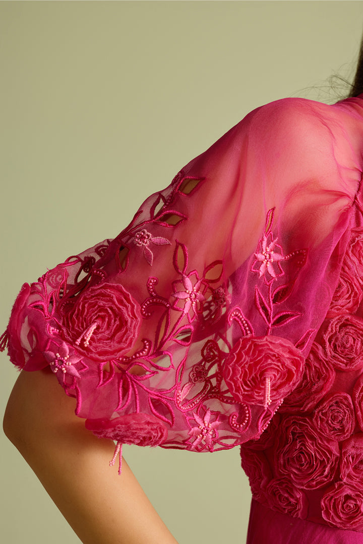 Fuchsia 3D Rose Applique & Cutwork Flounce Dress