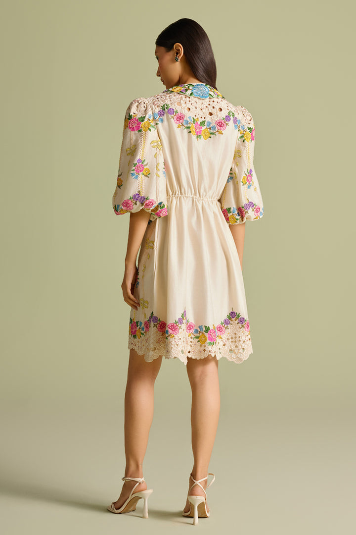 Ivory Floral Striped Short Shirt Dress