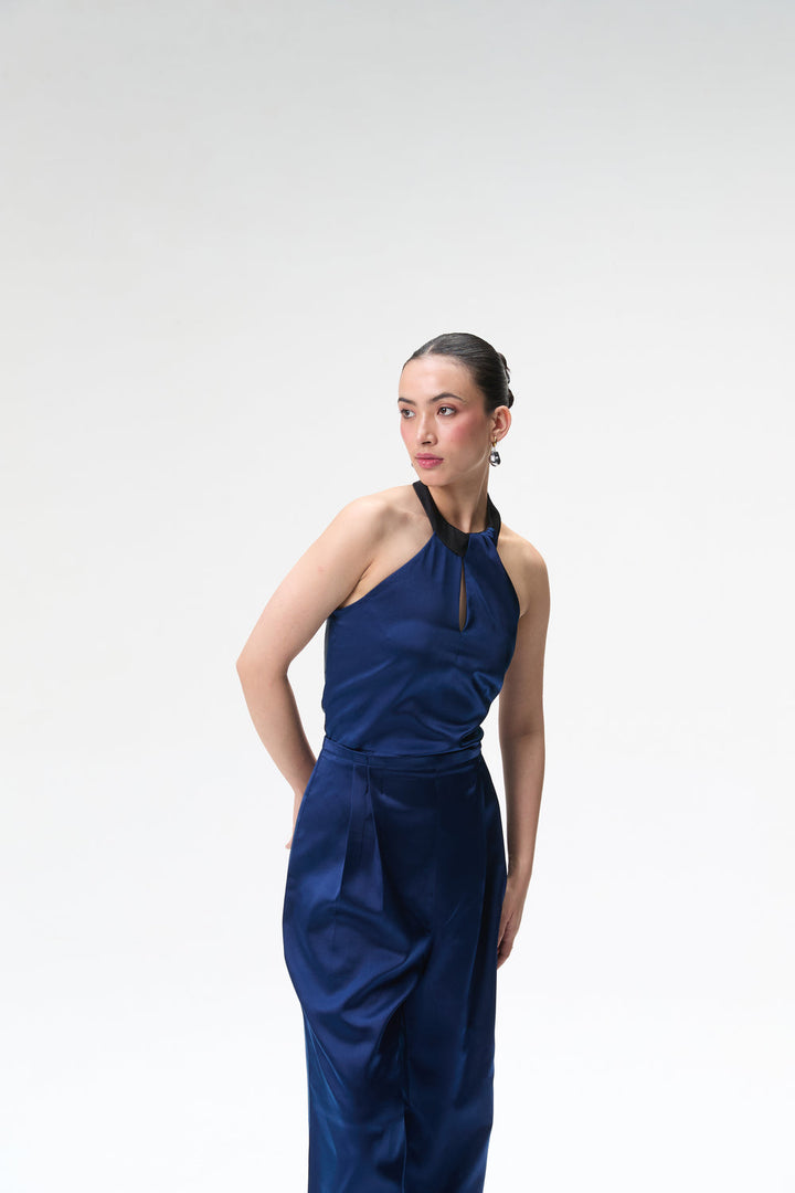Midnight Blue Silk Jumpsuit With Contrast Collar