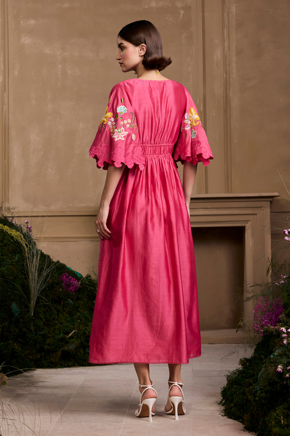 Fuchsia Floral Embroidered Ruched Dress