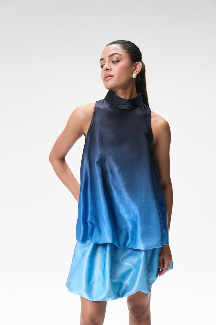 Midnight Blue Ombré Bubble Hem Halter Top & Blue Ombré Mini Bubble Skirt