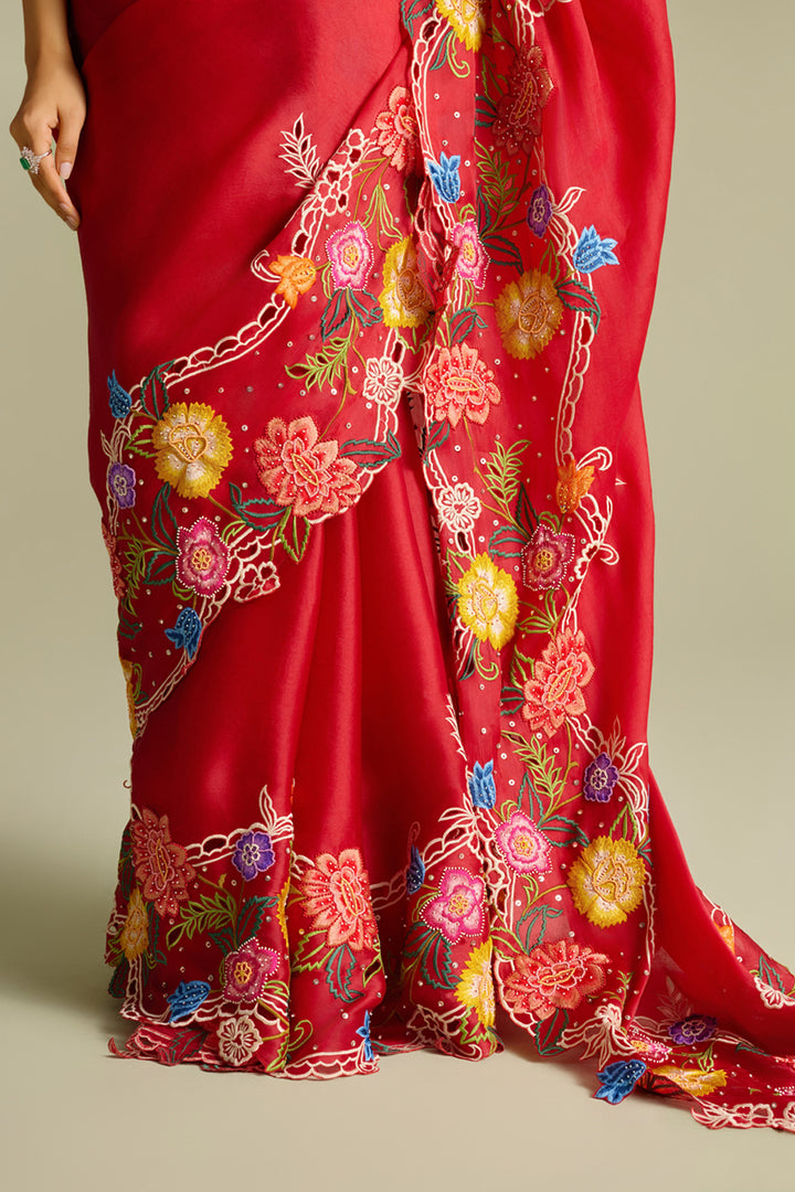 Red Multicolour Floral Embroidered Saree