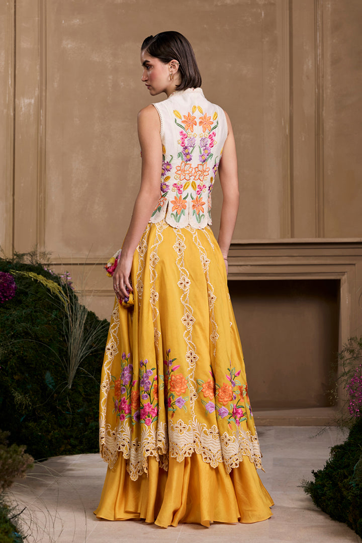 Yellow Floral Embroidered Layered Lehenga