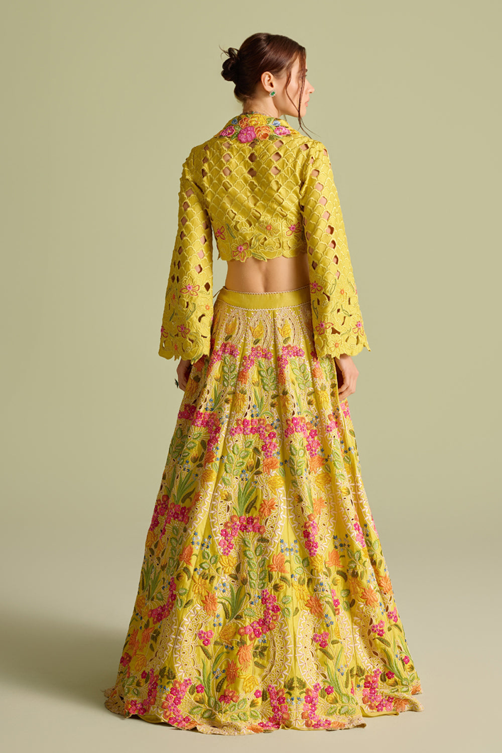 Yellow Multicolored Floral Embroidered Lehenga