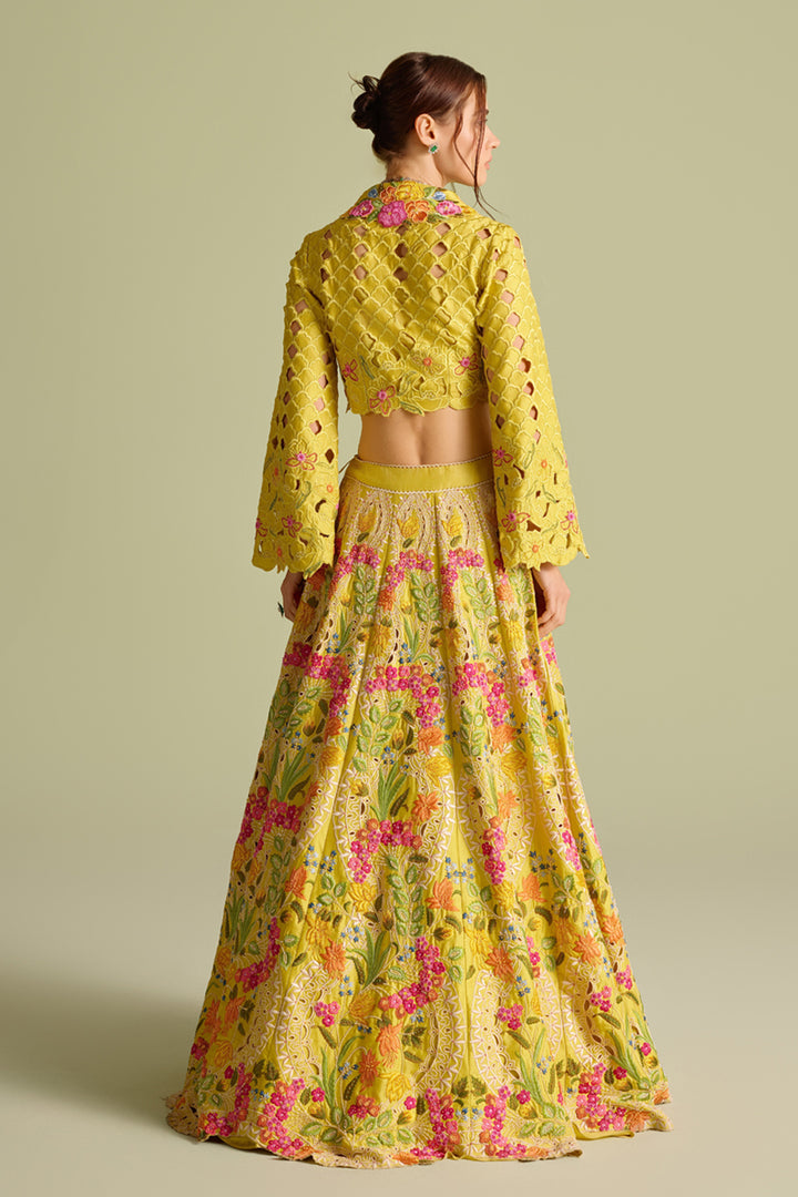 Yellow Multicolored Floral Embroidered Lehenga