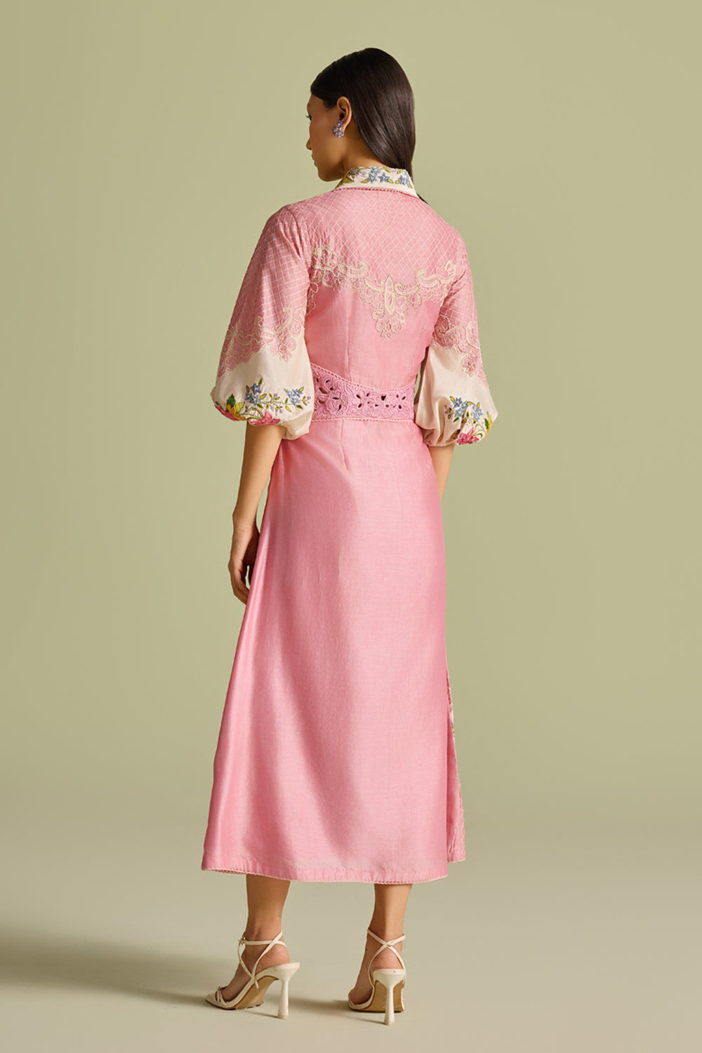 Pink and Ivory Color Block Embroidered Dress