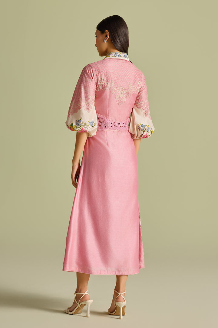 Pink and Ivory Color Block Embroidered Dress